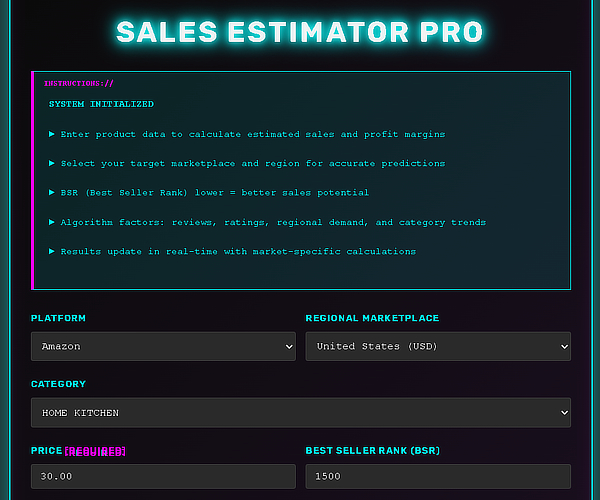 Amazon Sales Estimator Pro Tool Interface