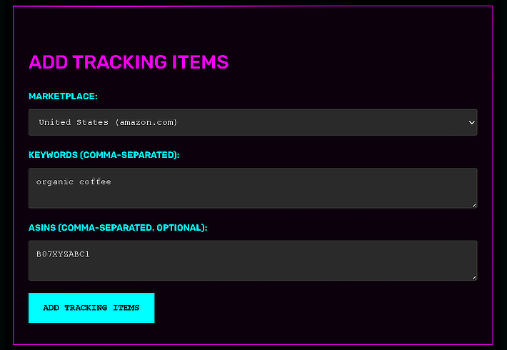 Marketplace Rank Tracking Dashboard showing keyword performance metrics